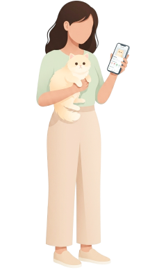 ペットを抱いてスマホを操作する女性