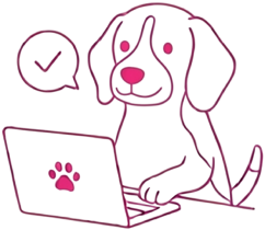 チェックマークとノートPCを操作する犬のイラスト